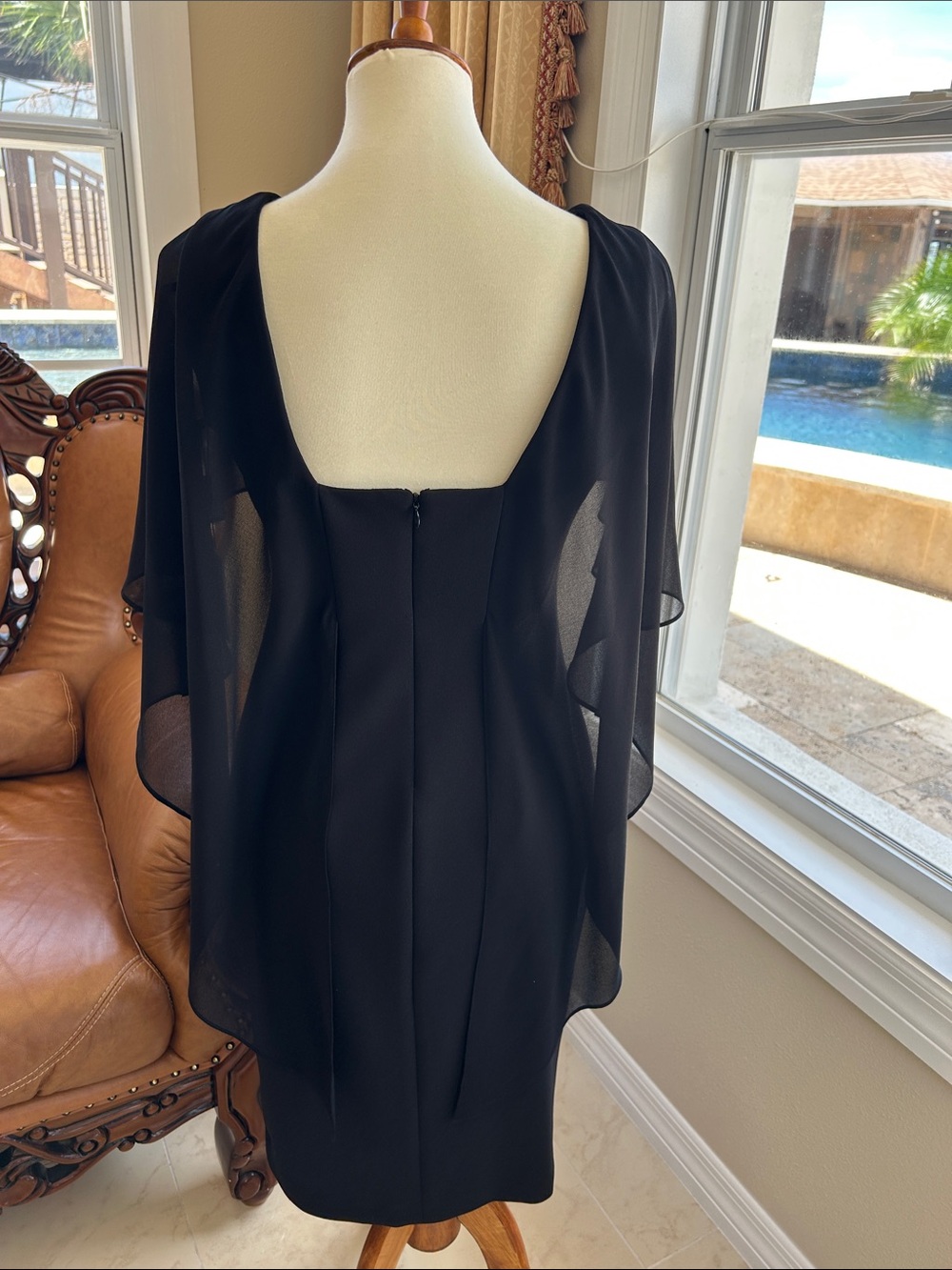 Calvin Klein Black Midi Sheath Dress with Cape Overlay - Picture 3 of 7